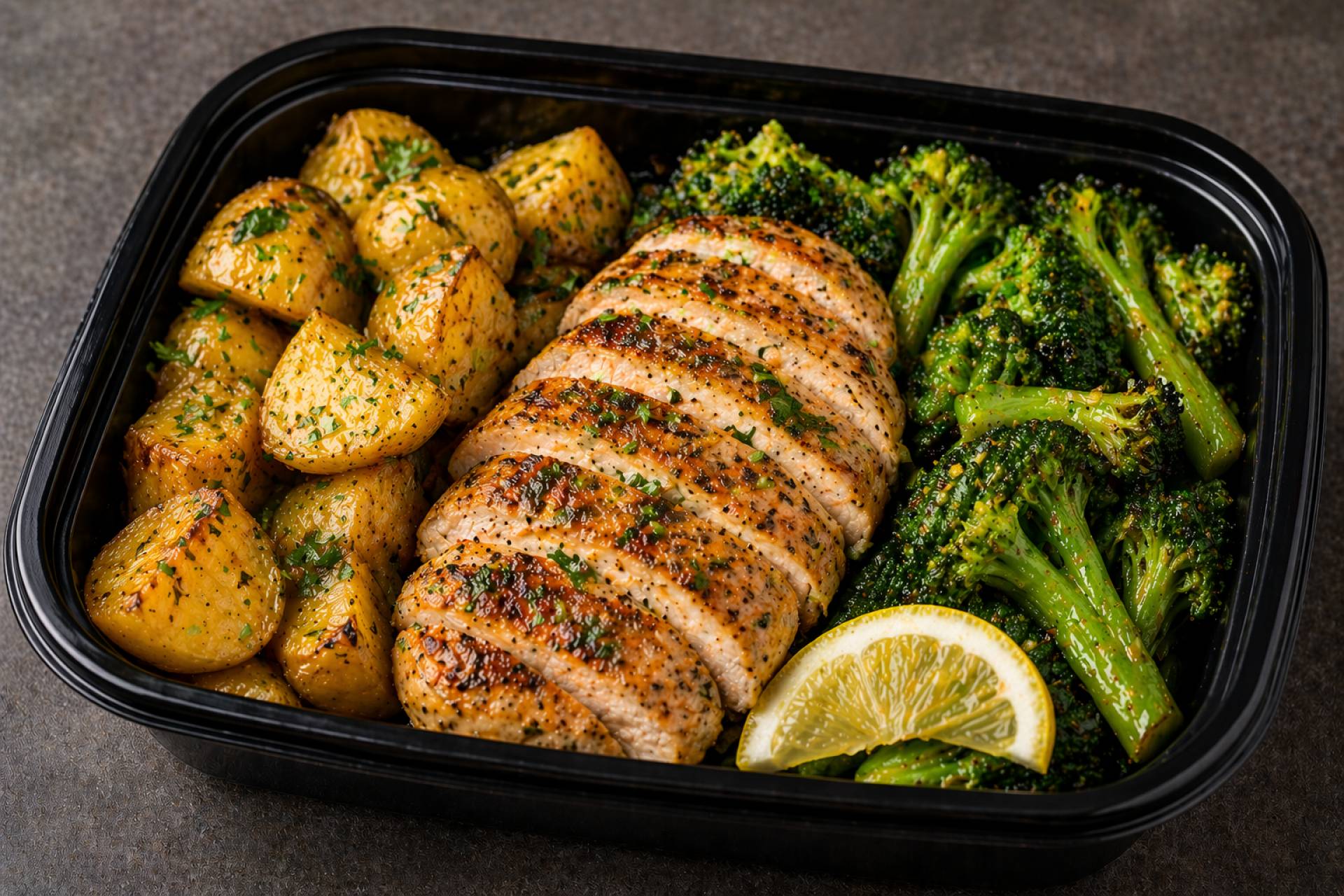 Lemon Herb Seared Chicken Breast with Yukon Gold Garlic-Rosemary Potatoes, and Sautéed Broccoli
