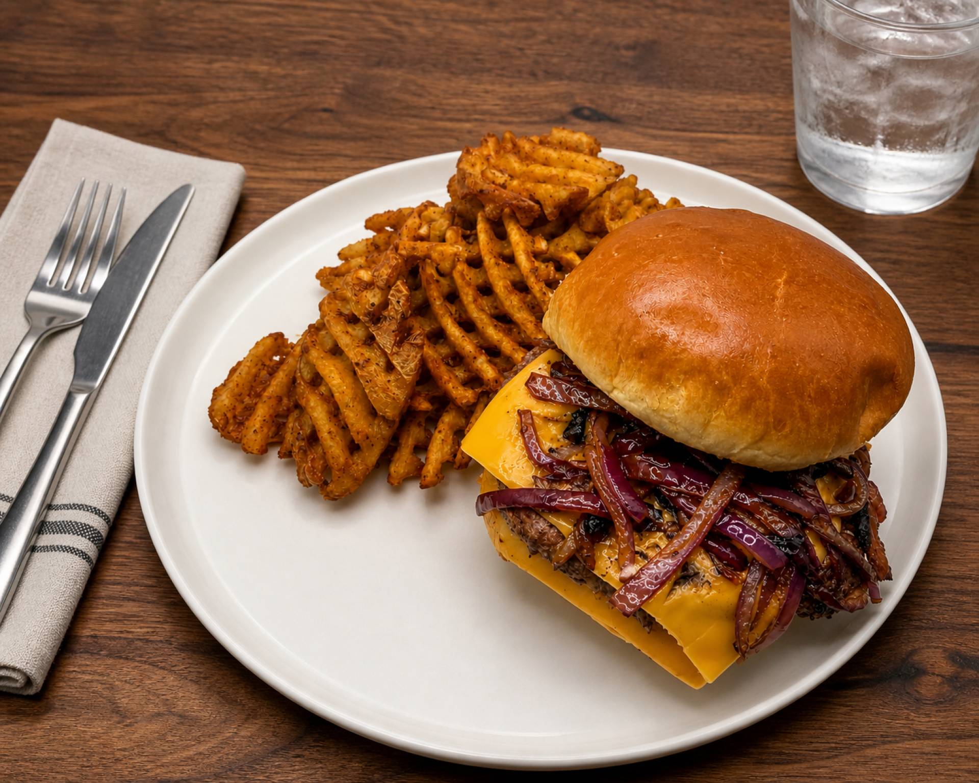 Classic Smash Burger with Cheddar, Caramelized Onions, House Pickles, and Seasoned Fries