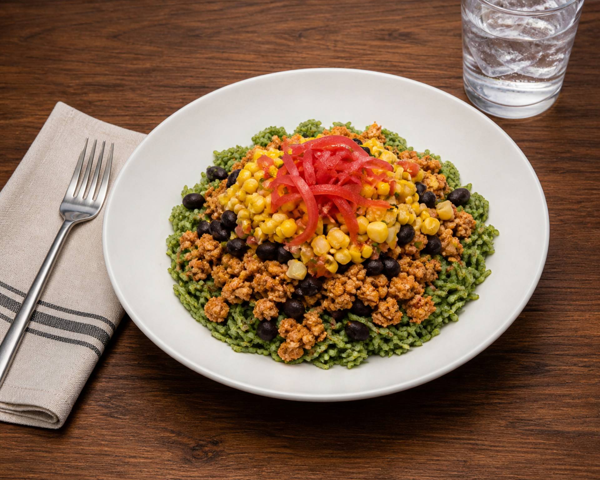 Ground Chicken Taco Bowl with Grilled Local Corn Salsa, Black Beans and Arroz Verde