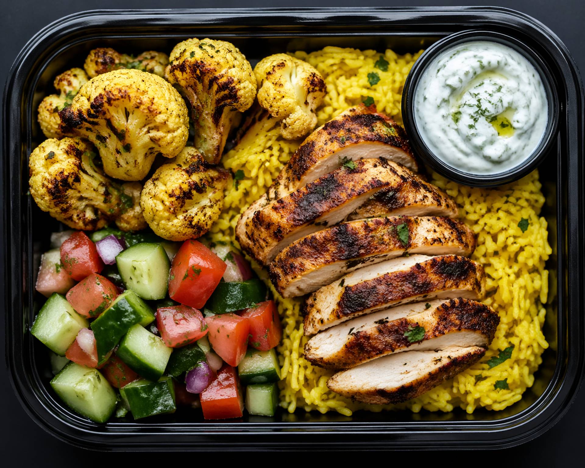 Middle Eastern Spiced Chicken Shawarma with Saffron Rice, Roasted Cauliflower, Cucumber-Tomato Salad, and Tzatziki