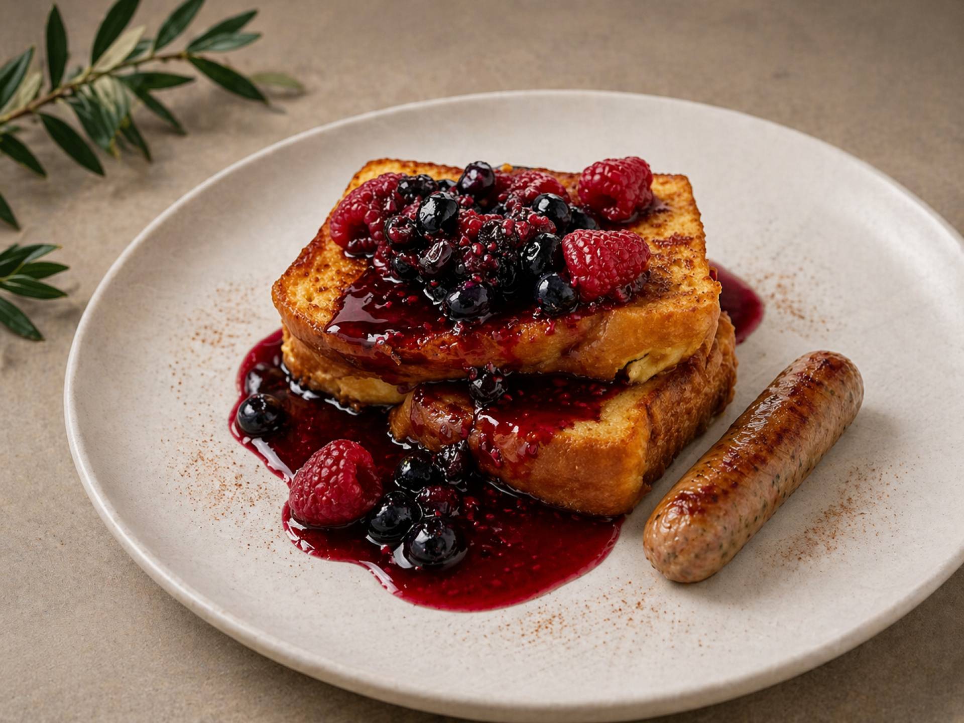 Cinnamon Protein French Toast with Chicken Sausage, Berry Compote, and Maple Glaze