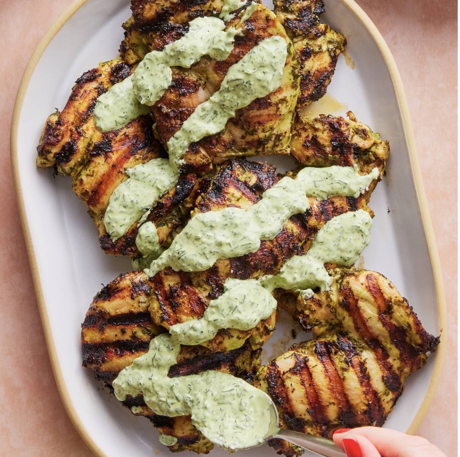Green Goddess Grilled Chicken with Crispy Potatoes and Arugula