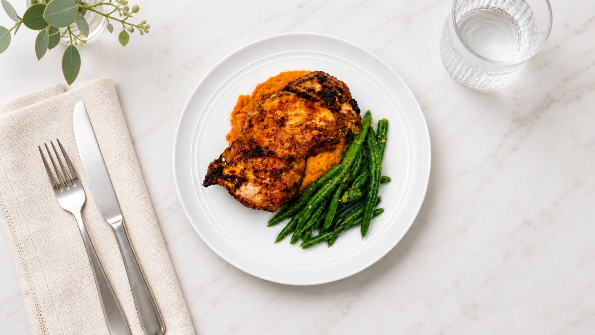 Blackened Chicken Thighs with Sweet Potato Puree and Sauteed Green Beans
